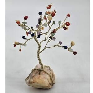 Miniature Multicolor Gemstone Quartz Gold Tone Twisted Wire Bonsai Tree 5 Inch